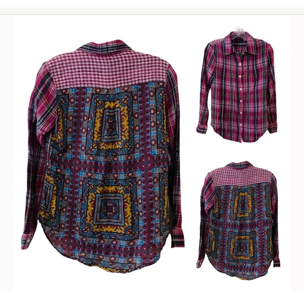 Tolani Mixed Print Plaid Button Up Long Sleeve Top Size S Small
